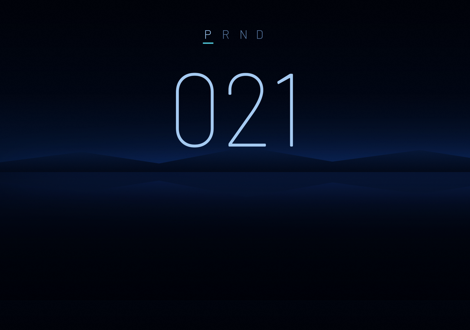 The finished cluster: a thin blue speed numeral and gear indicator over a dark horizon-line wallpaper