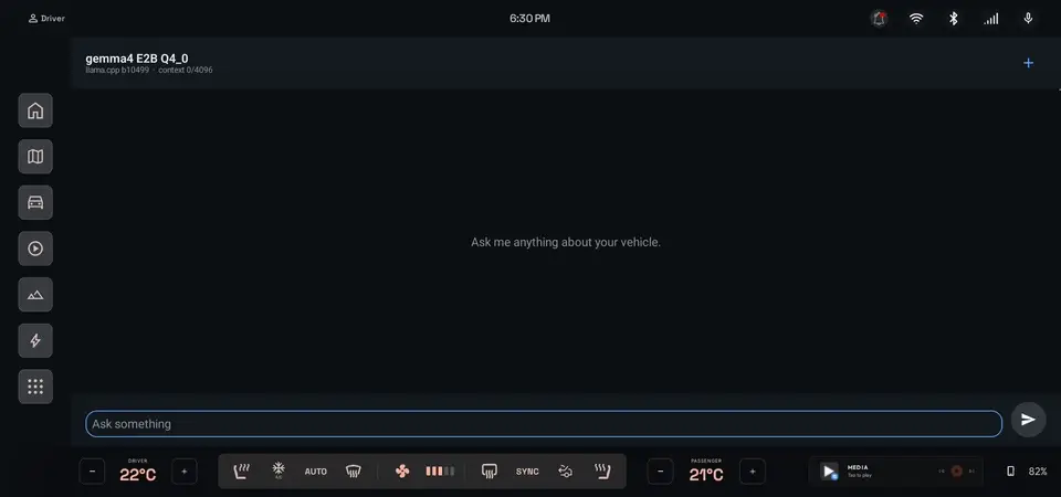 The AAOS home screen with the Compose chat client running: the header reads gemma4 E2B Q4_0, llama.cpp b10499, context 0/4096, and an answer about regenerative braking streams in token by token below the prompt.